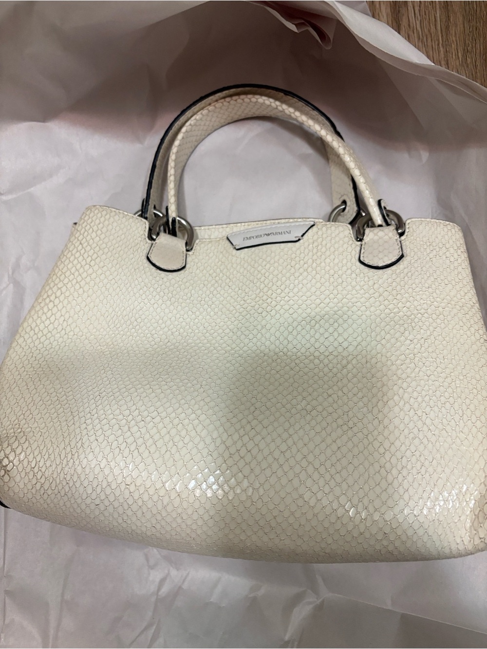 Emporio Armani Ivory Textured Satchel with Top Handles